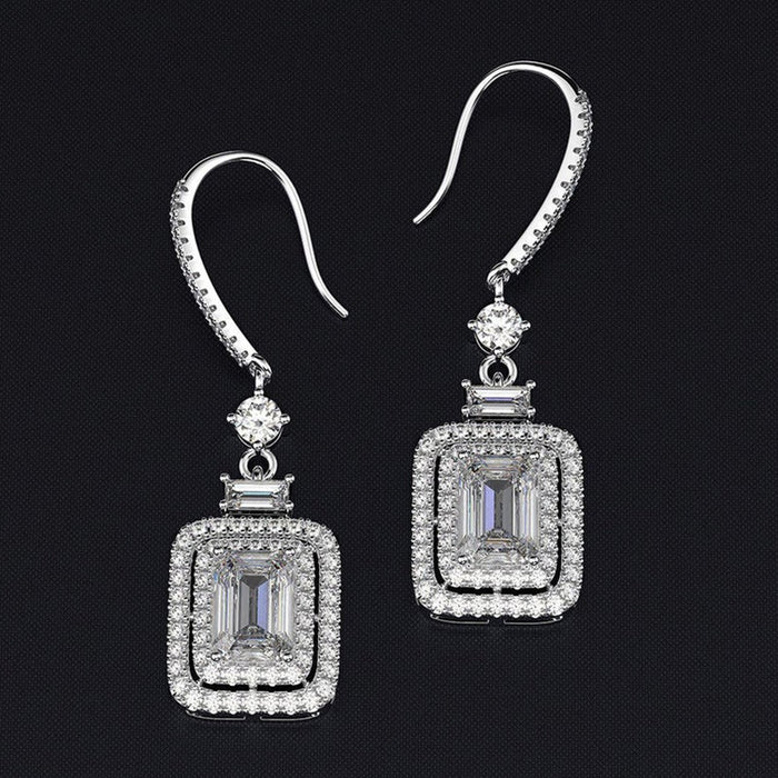 Square diamond and zircon ear hooks in white gold inlaid princess earrings