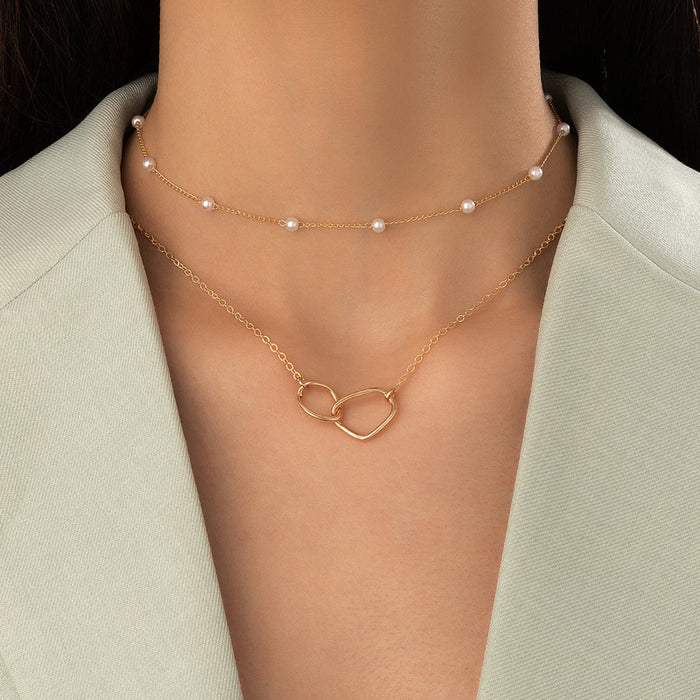 Geometric Cross Double-Layer Necklace - Pearl Chain Multilayer Choker