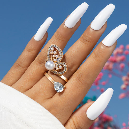 Exaggerated light luxury pearl diamond butterfly ring geometric hollow open single ring