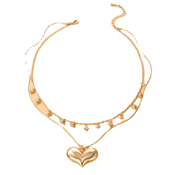 Colorful Heart Chain Double Layer Necklace with Gold Geometric Multi-Layer Design