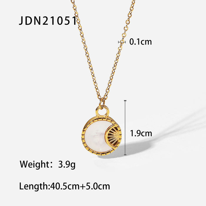 18K Gold-Plated Stainless Steel Moon Pendant Necklace with White Shell - Women's Fashion Jewelry