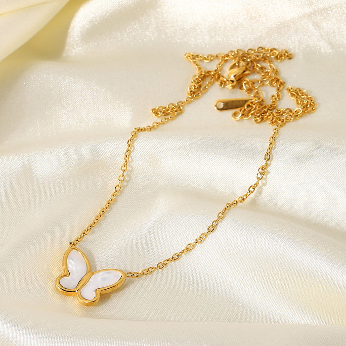 14K Gold-Plated Butterfly Pendant Necklace with White Shell - Women's Fashion Jewelry