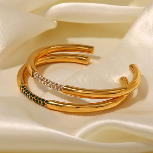 Trending European 18K Gold Plated Green Zircon Open Bracelet - Vacuum Plated Stainless Steel Jewelry