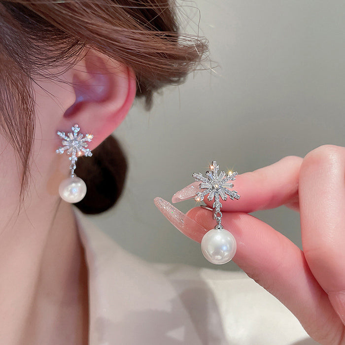 Crystal Snowflake Pearl Earrings Snowflake Design Fashion Earrings