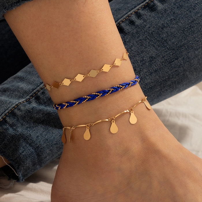 Ethnic Blue Braided Triple Layer Anklet with Diamond Water Drop Pendant