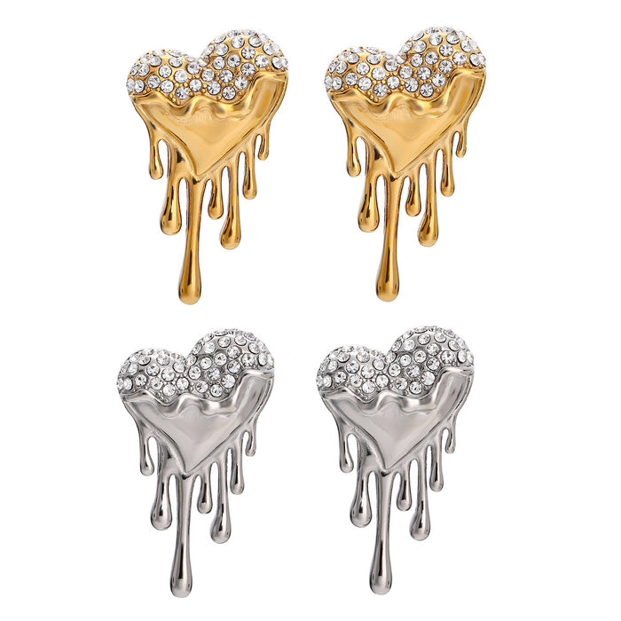 Original Design 18K Gold Stainless Steel Heart-Shaped Flowing Liquid Earrings with Diamonds