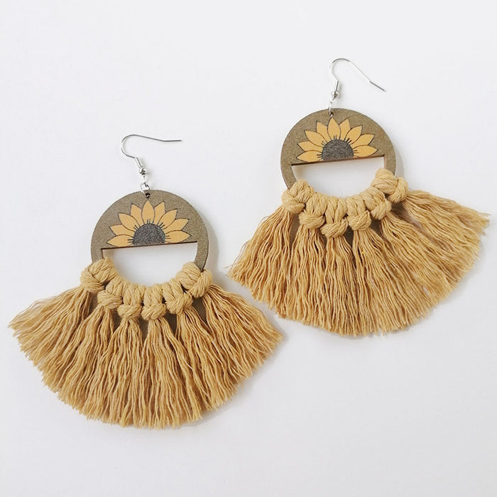 Bohemian Handwoven Cotton Tassel Earrings with Wooden Sunflower Fan Design