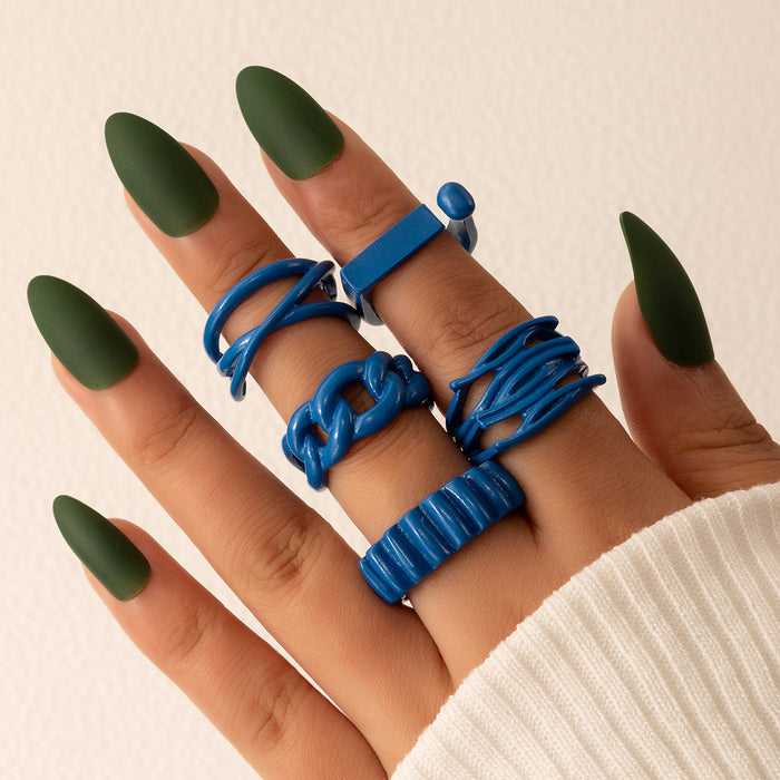 Blue spray painted geometric knuckle rings set of 5