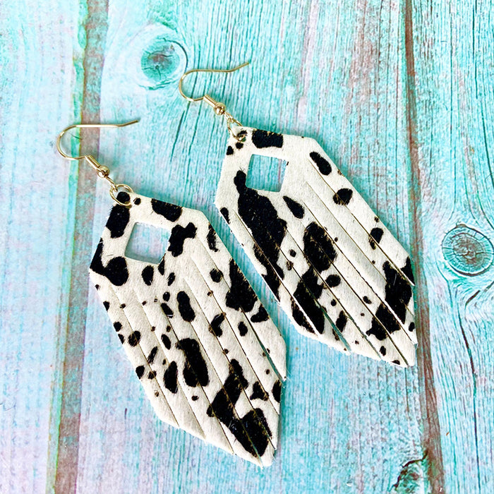 Bohemian Tassel Earrings with Leopard Print and Gold Dots on Cowhide Leather