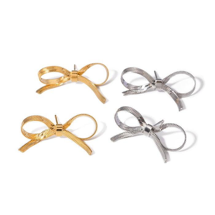 18K Gold Stainless Steel Bow Earrings - Simple Small Titanium Steel Studs for Women