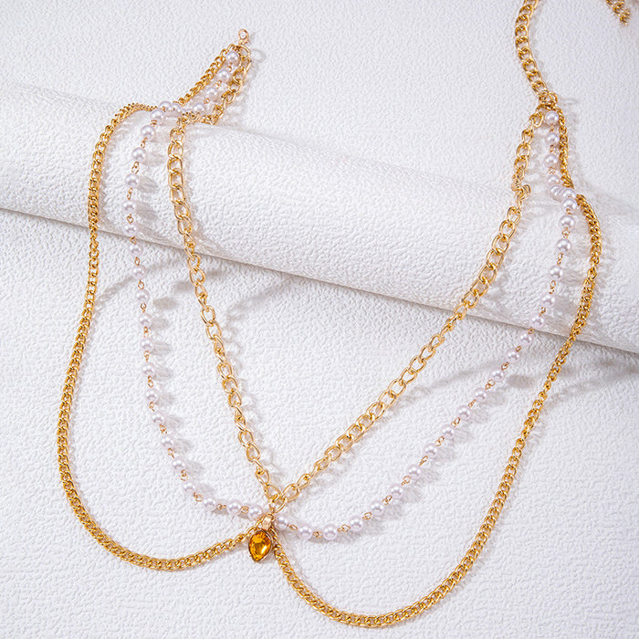 Gold Gemstone Pendant Imitation Pearl Vintage Waist Chain