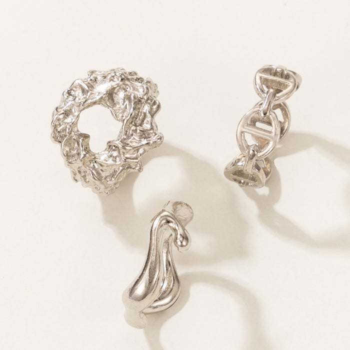 Geometric imitation chain silver ring 3-piece set