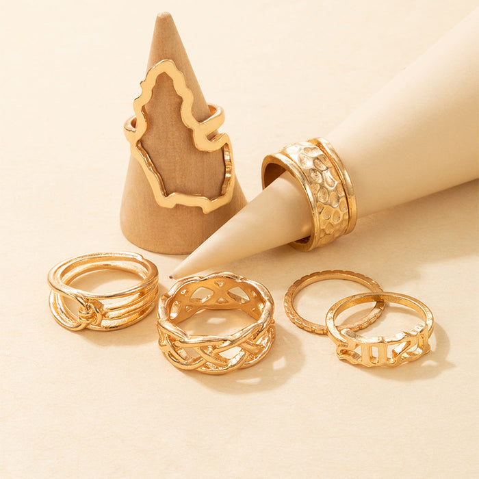 Alloy hollow geometric number ring 5-piece set