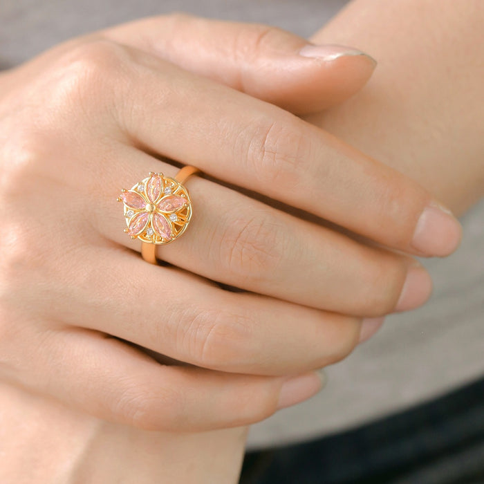 Wholesale 18K real gold plated pink cherry blossom 360-degree rotating ring