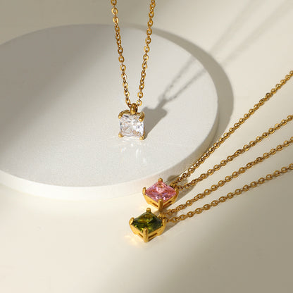 18K Gold-Plated Stainless Steel Necklace - White, Pink, and Green Square Zircon Pendants for Women