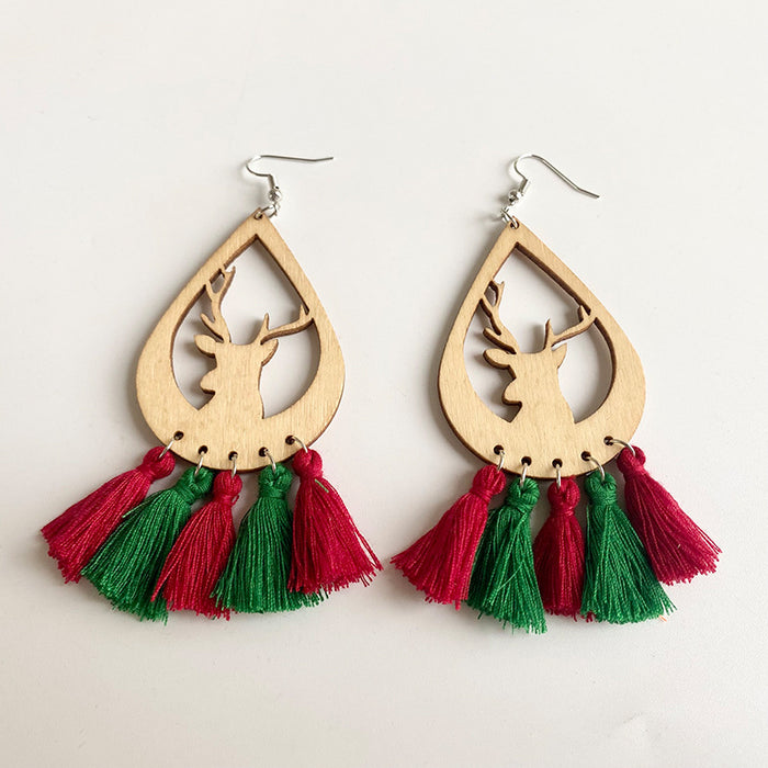 Christmas Wooden Tassel Earrings with Christmas Tree, Snowman, and Reindeer Cutouts