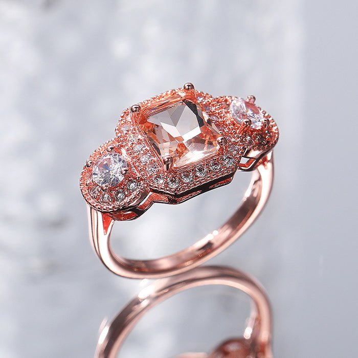 Anillo de princesa con circonita y diamante cuadrado chapado en oro rosa, joyería para eventos empresariales femeninos