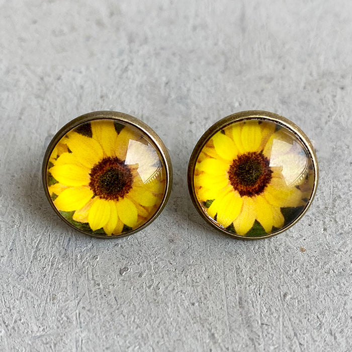 Simple Peace Flag Heart and Sunflower Stud Earrings with Vintage Style