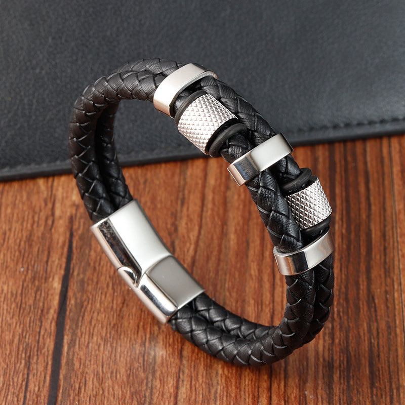 Stainless Steel Braided Leather Bracelet - wallojewerly 