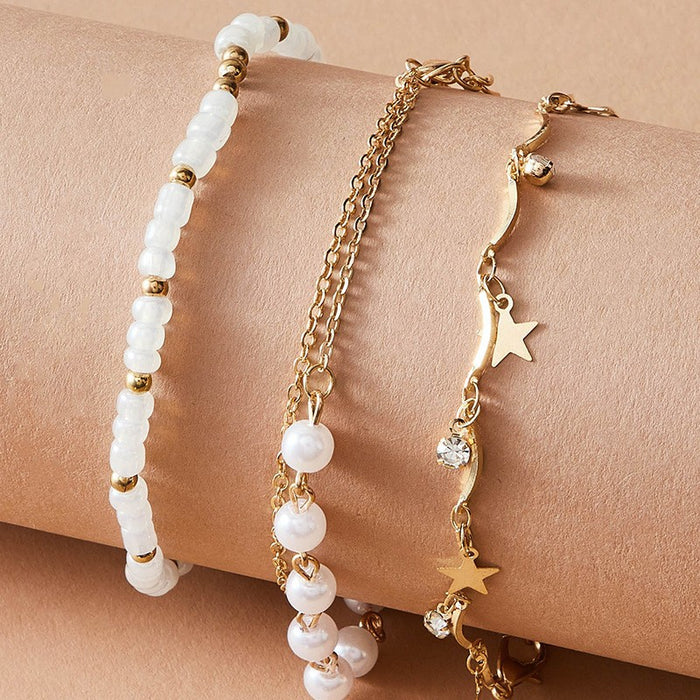 Pearl Bead Acrylic Round Bead Star Tassel Anklet Four-Piece Set