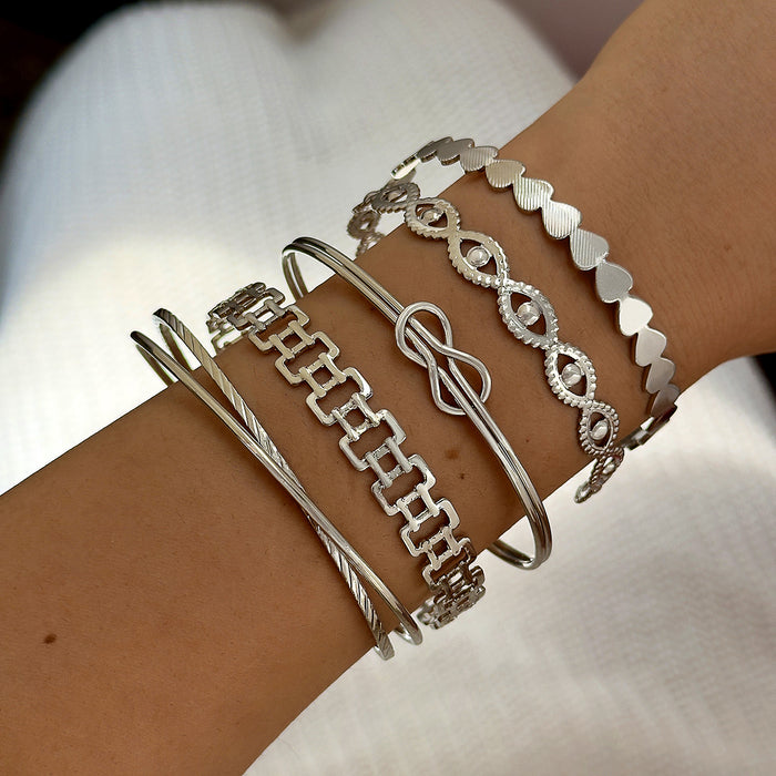 Metal Heart and Eye Bangle Set - Five-Piece Open Bracelet Stack