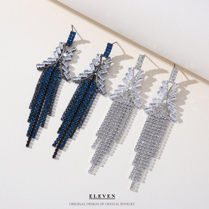 Deep Blue and Silver Tassel Earrings - Creative Long Statement Jewelry for Women