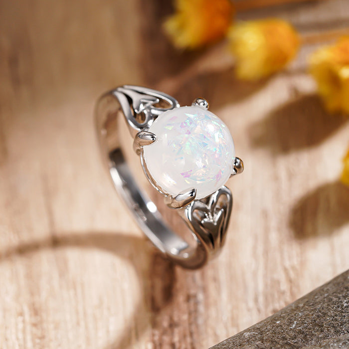 Floral Line Heart Shape Metal Imitation Opal Ring for Women