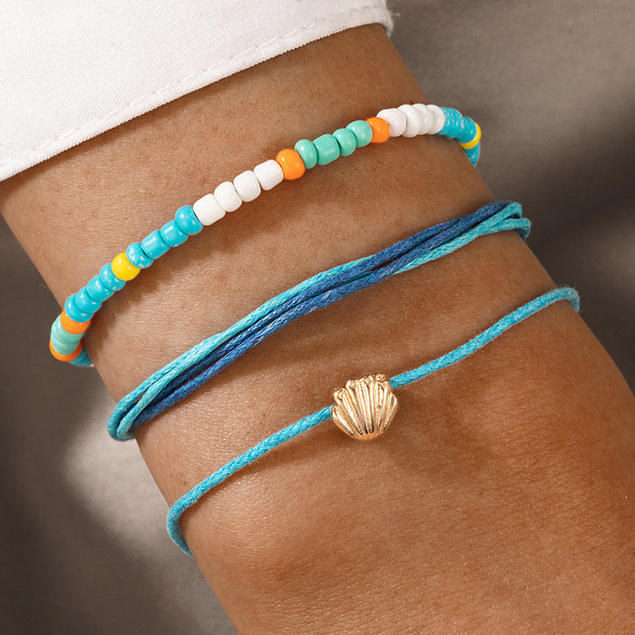 Ethnic Beaded Bracelet Set with Shell Charm and Adjustable Cord