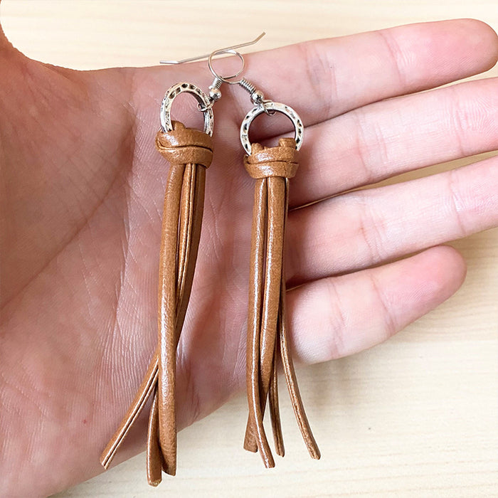 Pendientes de borlas de cuero bohemio con estilo exagerado