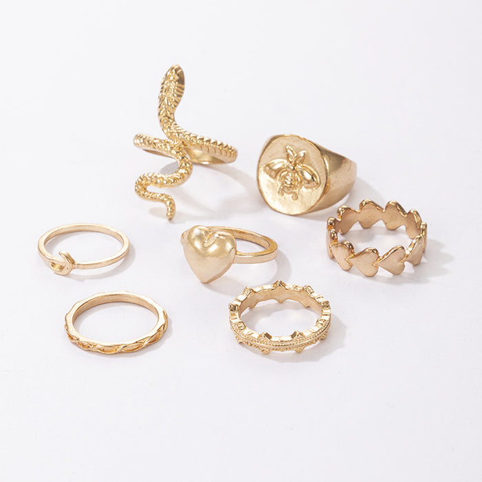 Anillo de oro con forma de serpiente, corazón, abeja y luna, juego de 7 piezas