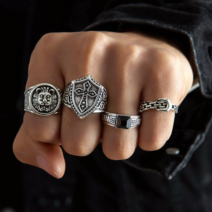 Punk Style Cross Wing Ring Set – Unique Bold Eye & Eagle Men's Rings, 4-Piece Collection