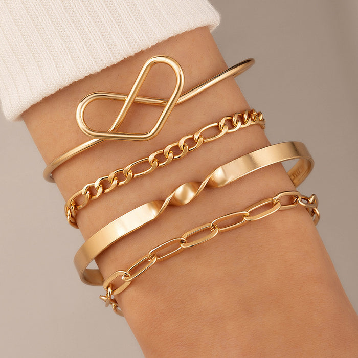 Simple Heart Open Cuff Four-Piece Bracelet Set with Geometric Chains