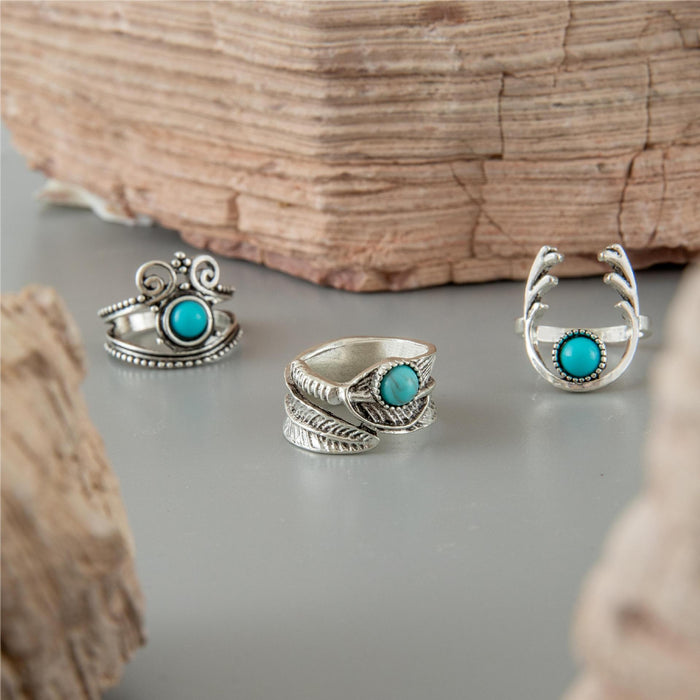 Bohemian Turquoise Ring Set – Feather & Crown Rings, 7-Piece Collection