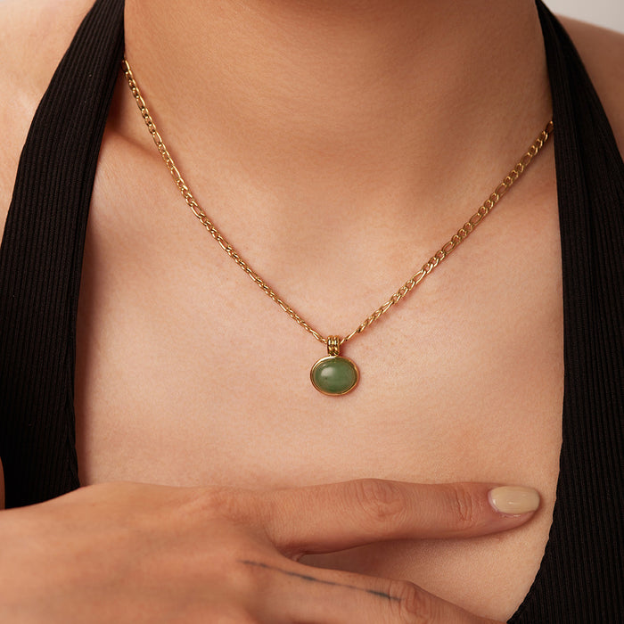 14K Gold-Plated Figaro Chain Necklace with Green Aventurine Pendant - Retro Stainless Steel Clavicle Chain