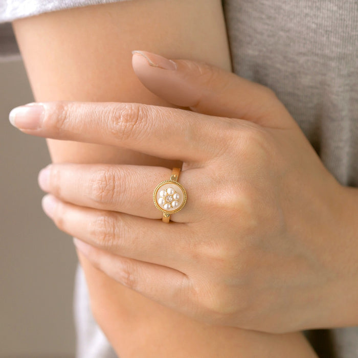 Wholesale adjustable copper micro-painted pearl flower ring