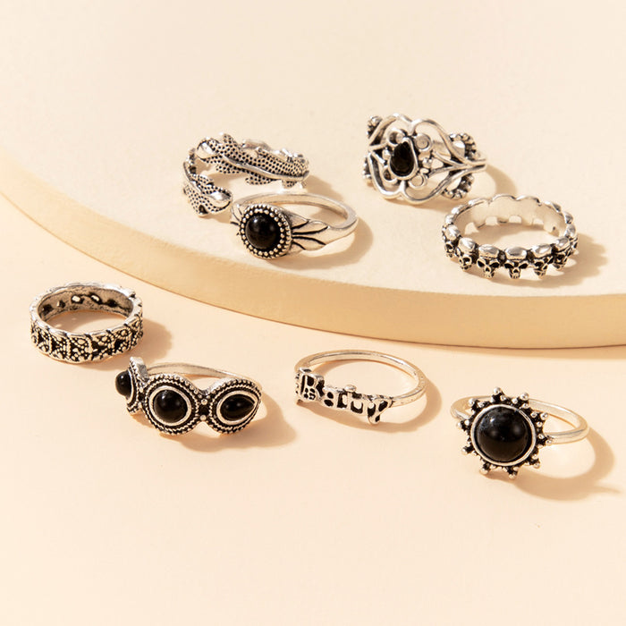 Black imitation diamond letter ring eight-piece set vintage skull leaf combination