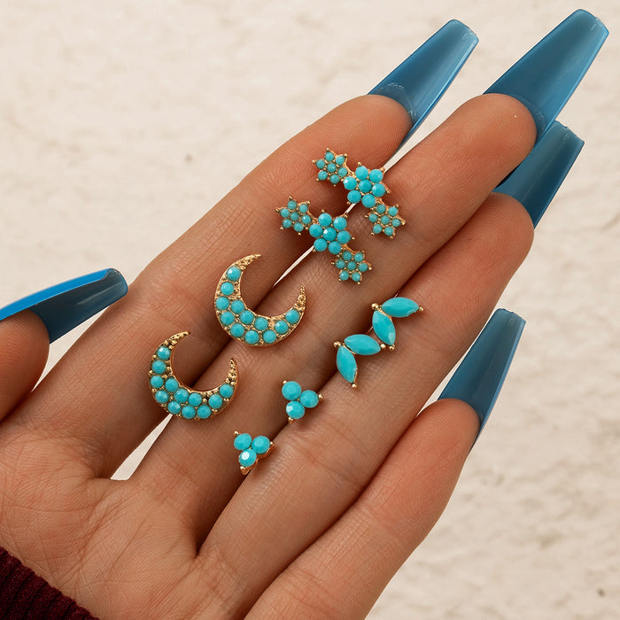 Bohemian Blue Moon Fishtail Flower Earrings Set of Four