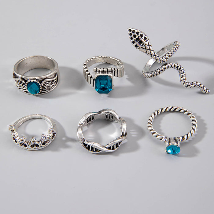 Punk Style Gemstone Snake Ring Set - 6pcs Geometric Versatile Rings