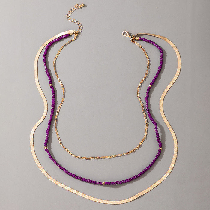 Purple Beaded Triple-Layer Necklace - Geometric Chain Multilayer Choker