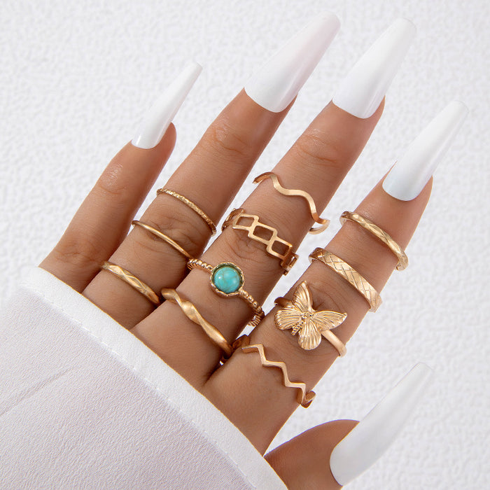 Butterfly Turquoise Ring Set - Geometric Hollow Eleven-Piece Set