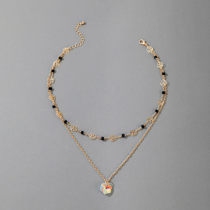 Resin Floral Double Layer Necklace with Hollow Rose Pendant and Beaded Chains