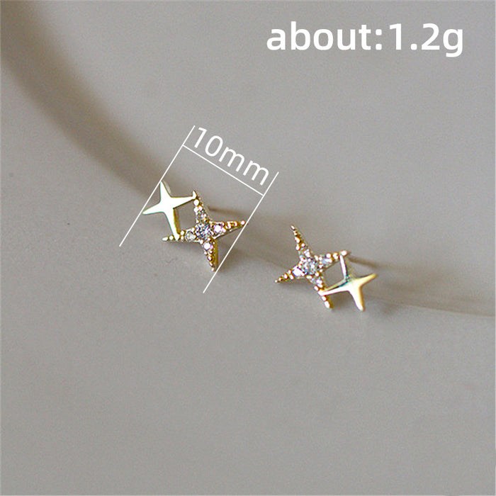 Star earrings with diamonds, four-pointed star design earrings