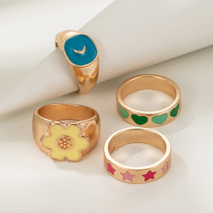 Colorful oil drip love flower star moon ring 4-piece set