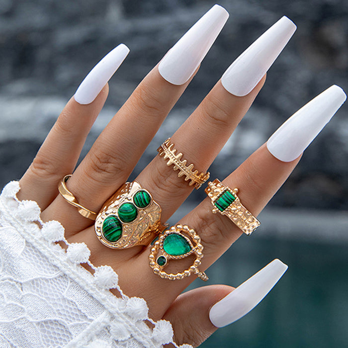 Vintage Emerald Gemstone Ring Set - 5pcs Unique Open Rings