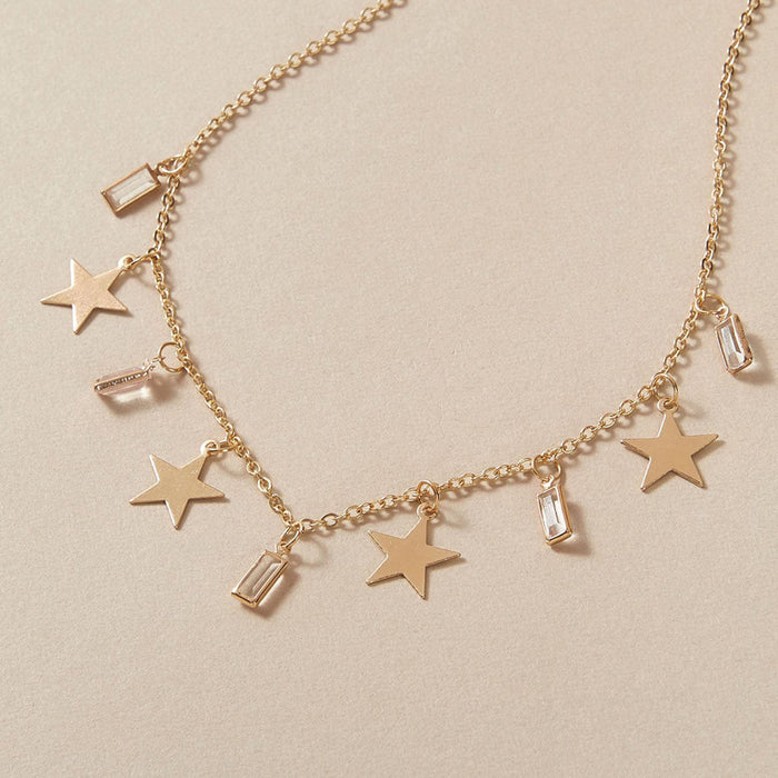 Simple Geometric Star Pendant Necklace - Square Rhinestone Single Layer