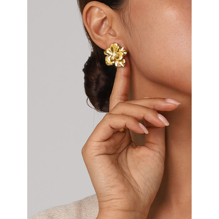 French Style Metallic Flower Earrings - Elegant 18K Gold Titanium Steel Jewelry