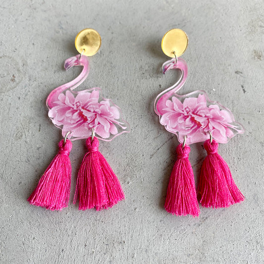 Hot Selling Flamingo and Monstera Tassel Earrings with Summer Girly Style