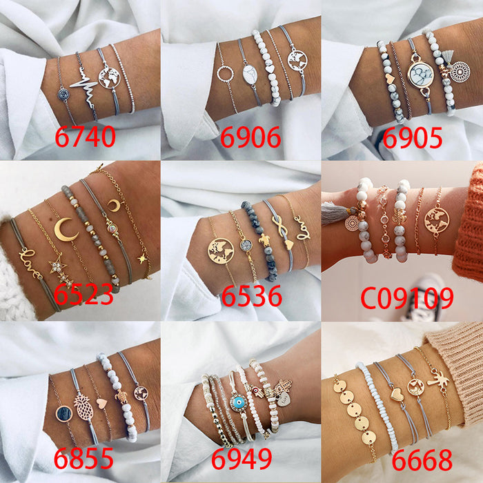 Bohemian Style Simple Geometric Palm Bracelet Set - Six-Piece Jewelry Set with Beads