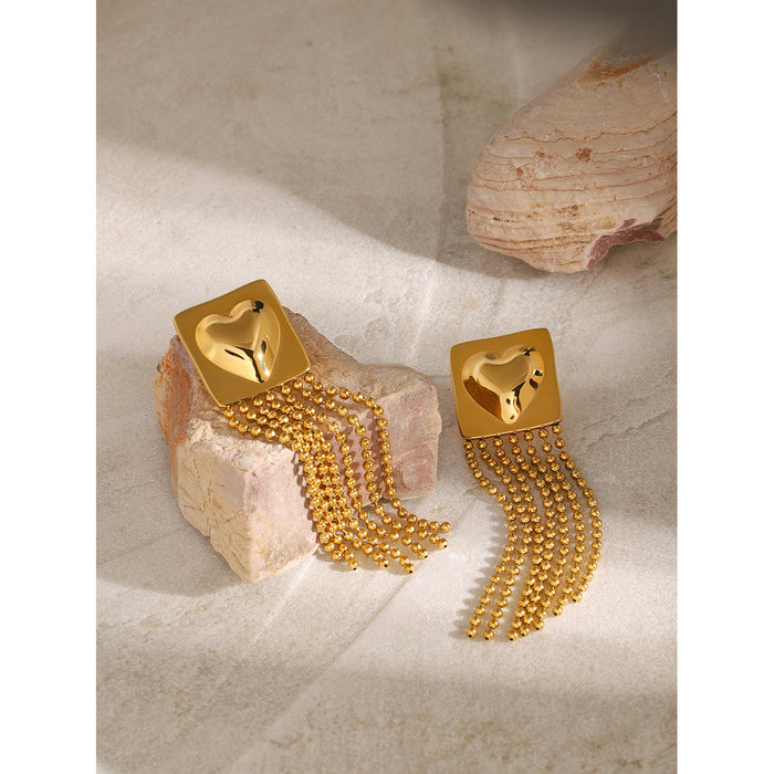 18K Gold Stainless Steel Square Earrings with Heart Pendant and Tassels - Asymmetric Design