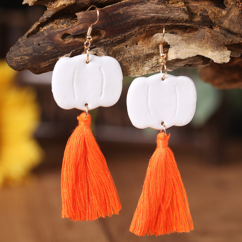 Halloween Skull and Pumpkin Tassel Clay Earrings - Bold and Original Design